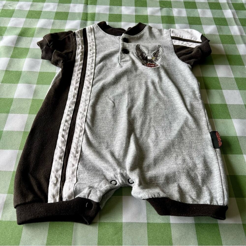 Vintage 90s Harley-Davidson Gray Black Romper with Eagle Embroidery 12 mos